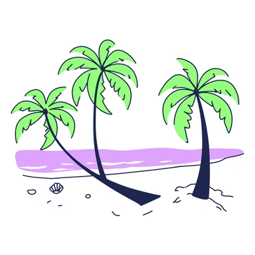 A tropical beach scene features several palm trees swaying gently in the breeze. The palm trees have long, slender trunks and green fronds that extend outward. In the background, the ocean is calm and stretches toward the horizon, rippling softly. The sand is light and smooth, creating a stark contrast with the greenery of the palm trees. A few seashells are scattered along the shoreline, adding a touch of detail to the sandy beach. The sky is clear with no clouds, emphasizing the brightness of the scene.