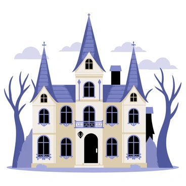 A gothic mansion with tall, pointed spires and intricate architectural details stands prominently in the center of the image. The mansion is adorned with dark windows and ornate wrought-iron balconies. Surrounding the mansion are tall, twisted trees with gnarled branches, creating an ominous atmosphere. The scene has a cloudy sky with hints of gray and deep blue, enhancing the eerie feel of the setting. Shadows from the trees stretch across the ground, adding depth and mystery to the composition.