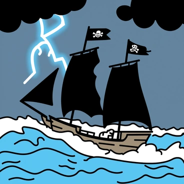 A pirate ship with tattered black sails is shown navigating through tumultuous waves. The ship's wooden hull is adorned with a weathered skull and crossbones flag. Dark clouds fill the night sky, and bright bolts of lightning strike, illuminating the scene with flashes of white light. The water is turbulent, with frothy waves crashing against the ship's sides. The atmosphere depicts the power of nature as the pirate ship battles the fierce storm.