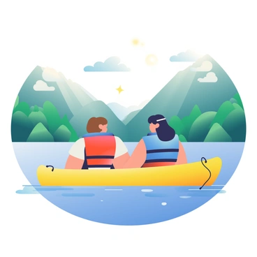Two friends are sitting in a bright yellow kayak on a calm lake. One friend has short brown hair and is wearing a red life jacket, while the other has long black hair and is dressed in a blue life jacket. The surface of the water is smooth, reflecting the surrounding mountains, which are covered in green trees and rocky peaks. The sky above is clear and bright with a few fluffy white clouds. Sunlight sparkles on the water's surface, creating a lively atmosphere.