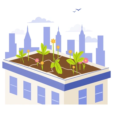 A rooftop garden situated atop a tall building in a bustling cityscape. The garden features various rectangular containers filled with rich soil, showcasing vibrant green seedlings sprouting from each pot. The backdrop displays a skyline of towering buildings under a clear blue sky. Wisps of clouds drift lazily, and a few birds can be seen flying above the rooftops. The garden is adorned with bright flowers blooming in different colors, adding a splash of vibrancy to the urban setting.
