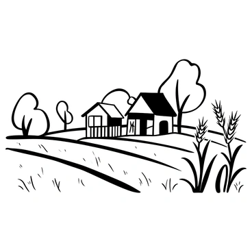 A quaint farmhouse with a sloped roof and a small porch is situated in the center of expansive wheat fields. The farmhouse features a wooden structure with a wraparound porch, surrounded by tall stalks of wheat swaying gently in the breeze. In the background, a few trees dot the horizon, adding a sense of depth to the scene. The sky above is clear, emphasizing the peaceful nature of the rural landscape. 