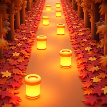 A line of glowing lanterns illuminating a path. The path is covered in a thick layer of fallen leaves in various shades of orange and brown. Each lantern emits a warm, inviting light, casting soft shadows on the ground. The leaves rustle gently in the breeze, adding texture to the scene. The lanterns are evenly spaced along the path, creating a clear visual guide through the autumn landscape.