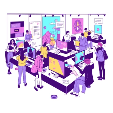 A vibrant exhibition space filled with various stations, each showcasing different digital artworks. Each station features sleek monitors displaying colorful pieces of art and is accompanied by a small table offering free sample downloads. The walls are adorned with large, eye-catching prints of digital artworks in contrasting colors. Attendees are gathered around the stations, engaged in discussions about the artworks and eagerly downloading samples onto their devices. The atmosphere is lively with a mix of curiosity and creativity.