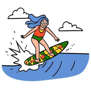 An anime girl with long blue hair wearing a colorful swimsuit is riding a wave on a surfboard. She has bright, expressive eyes and a big smile on her face. The surfboard is vibrant with patterns, and she is balancing expertly on it as the water splashes around her. In the background, the ocean is a deep blue, and there are white foam waves surrounding her, capturing the dynamic moment of surfing. The sky is clear with a few fluffy white clouds.