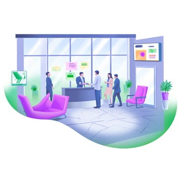 A spacious corporate lobby featuring a modern design with large glass windows allowing natural light to flood the area. The floor is polished marble with geometric patterns. There are sleek, minimalist furniture pieces, including a reception desk and contemporary seating areas with plush chairs. Several visitors are entering, dressed in business attire, some engaged in conversation while others are checking in at the reception. Potted plants are strategically placed, adding a touch of greenery to the environment. A digital display board is mounted on the wall, showcasing company information and events.