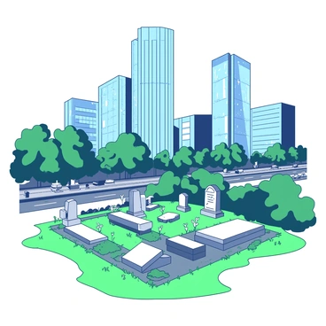 A small cemetery with grey tombstones is nestled in a green space, surrounded by towering skyscrapers that dominate the skyline. The tombstones are weathered and unevenly placed, with patches of grass and small flowers growing between them. In the background, the skyscrapers are made of reflective glass and steel, glimmering in the sunlight. The atmosphere is lively, with people walking on the nearby sidewalks, and cars passing on the adjacent streets, creating a contrast between the serene cemetery and the bustling city life around it.