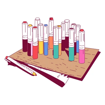 A collection of graphic illustration markers arranged neatly on a wooden desk. The markers are grouped by color, showcasing a variety of shades. There are red and yellow markers in one section, teal and blue markers in another, and orange and pink markers in yet another. Each marker is standing upright, their caps securely in place, creating a visually appealing display. The wooden desk surface features a natural grain pattern, adding texture to the scene.