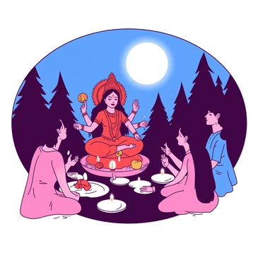 A white moon is illuminating a night scene where several devotees are gathered around a beautifully decorated Durga statue. The statue is adorned with intricate red and orange embellishments, including flowers and garlands. The devotees, dressed in traditional attire, are singing hymns with closed eyes and raised hands, creating a sense of harmony and devotion. In the background, there are trees silhouetted against the moonlit sky, and a few candles are placed around the statue, casting a warm glow on the scene. The atmosphere is filled with a sense of reverence and tranquility.