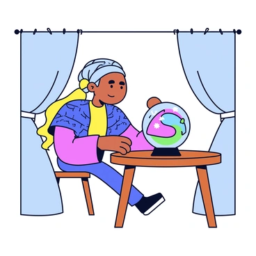 A fortune teller with long, flowing hair is wearing a colorful headscarf and a patterned shawl. She is sitting at a small wooden table, leaning forward while gazing intently into a crystal ball. The crystal ball is transparent with vibrant, swirling colors of blue, purple, and green dancing inside. Soft light reflects off the ball, creating a mystical glow around it. The background features simple, stylized curtains that frame the scene.