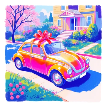 A shiny new car with a sleek body and polished surface is parked in a residential driveway. The car has a bold color, reflecting sunlight. A giant red bow is prominently placed on the roof of the car, adding a festive touch. The driveway is lined with well-manicured grass, and a few blooming flowers can be seen nearby. In the background, a cozy house with a welcoming front porch is partially visible, enhancing the scene.