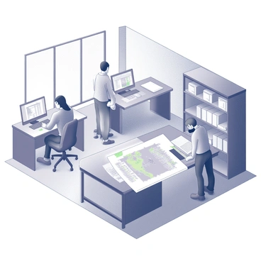An organized logistics office with several employees engaged in coordinating shipments. In the foreground, one employee is sitting at a desk, focused on a computer screen displaying shipment data. Another employee stands nearby, examining a large map spread across a table, pointing at specific locations. Additional desks are arranged neatly in the background, each with computers and paperwork. The office has shelves filled with boxes and supplies, contributing to the functional work environment. Natural light streams through windows, highlighting the busy atmosphere of coordination and planning.