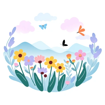 A wide meadow filled with an array of wildflowers in various colors, including vibrant yellows, purples, and pinks. Each flower stands tall, creating a lively scene. Butterflies of different species are fluttering among the flowers, showcasing their delicate wings in shades of orange, blue, and black. The sky above is a gradient of soft pastel colors, blending seamlessly from light pink to gentle blue. In the distance, gentle hills rise, complementing the peaceful landscape.