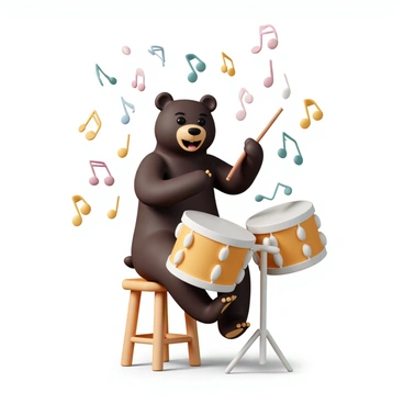 A bear, with dark brown fur and a cheerful expression, is sitting on a wooden stool while playing a set of drums. The bear is using its paws energetically, striking the drums with enthusiasm. Surrounding the bear, colorful musical notes in various shapes and sizes are floating in the air, creating a lively atmosphere. The drums are made of shiny wood and metal, reflecting light as the bear plays. The scene captures the joy and rhythm of the bear’s performance.