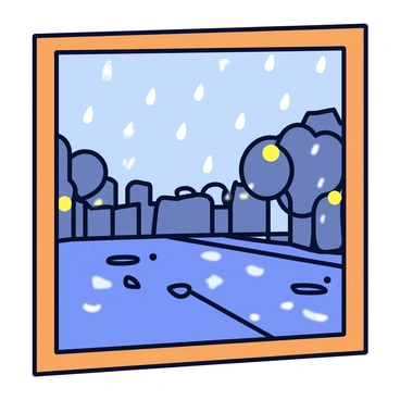 A rectangular window with a wooden frame. Raindrops are sliding down the glass, creating unique patterns as they collide and merge. Outside the window, a wet street is visible with reflections of streetlights shimmering on the pavement. Puddles are forming on the ground, and the sky is overcast with dark clouds. The surrounding area features blurred outlines of buildings and trees softened by the rain.