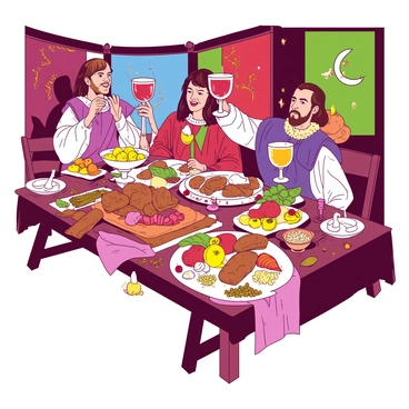 A lavish medieval banquet table is set with an array of delicious foods. There are large platters of roasted meats, fruits, and loaves of bread arranged beautifully on the table. Various cheeses and bowls of nuts are scattered among the dishes. Nobles in elaborate clothing are seated around the table, raising their ornate goblets filled with a vibrant drink in a toast. Colorful tapestries hang in the background, and flickering candlelight illuminates the scene, creating a warm and festive atmosphere.