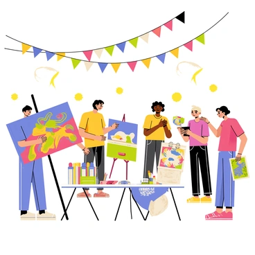 A colorful art exchange event featuring several artists gathered in a bright, decorated hall. The artists are standing in small groups, animatedly discussing their pieces. One artist holds a large canvas showcasing a vibrant abstract painting with swirling patterns and bold colors. Another artist has a small easel displaying a detailed watercolor landscape, while a third artist is pointing out the intricate details of a sculpture made of recycled materials. Various art supplies are scattered on tables nearby, including brushes, palettes, and sketchbooks. Banners with "Art Exchange" are hung across the walls, creating a lively and creative atmosphere.