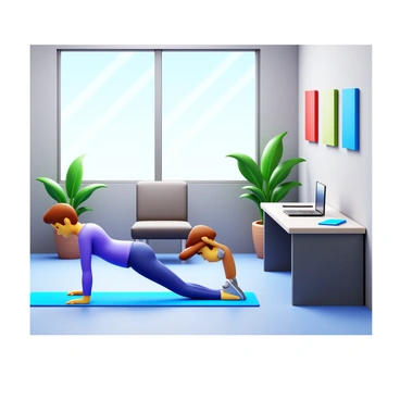 A professional dressed in athletic attire performing diamond push-ups in the corner of a modern office space. The office features sleek furniture, large windows allowing natural light to flood the room, and potted plants adding a touch of greenery. The professional's form is precise, with hands positioned close together to form a diamond shape. The walls are painted in neutral tones and there are contemporary artworks hanging, contributing to the dynamic environment. A laptop and notepad are visible on a nearby desk, indicating a balance between work and fitness.