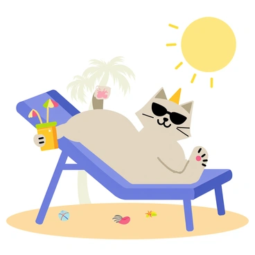 A fluffy cat with light gray fur is lounging on a bright blue beach chair. The cat is wearing stylish black sunglasses and has a relaxed expression. In its paw, it is holding a colorful drink with a little umbrella and a slice of orange. The beach chair is positioned on a sandy surface, and there are some small seashells scattered around. In the background, a few palm trees can be seen, and the sun is shining brightly, casting a cheerful light over the scene.
