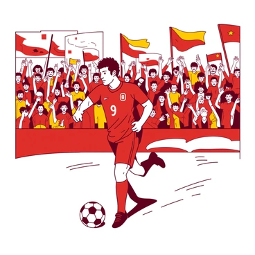 A red soccer player with the number 9 on his jersey is sprinting down the field, preparing to kick the ball with focused determination. The player has short dark hair and an athletic build, embodying intensity as he moves. In the background, a crowd of fans is cheering enthusiastically, waving colorful banners and wearing team jerseys in a mix of orange and yellow. The stadium is filled with excitement, and the vivid atmosphere is palpable as the match unfolds.