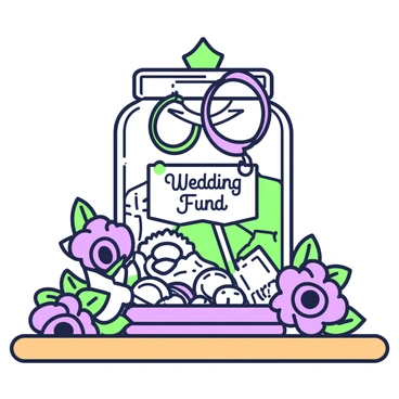 A jar sits on a wooden table, decorated with a series of wedding rings entwined around its neck. The jar is filled with various coins and bills, visible through the transparent glass. Around the base, colorful flowers are arranged, featuring intricate petals and leaves. A small label attached to the jar reads "Wedding Fund" in elegant lettering. The scene is well-lit, highlighting the details of the rings and flowers.