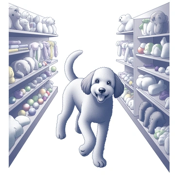 A goldendoodle is happily trotting through a pet store. The dog has a fluffy coat and an attentive expression. Around the goldendoodle are rows of colorful dog toys, including plush animals, squeaky balls, and ropes. The aisles are filled with various toys, some hanging from shelves and others arranged on the floor. The goldendoodle's tail is wagging, showing its excitement as it sniffs and inspects the different toys available.