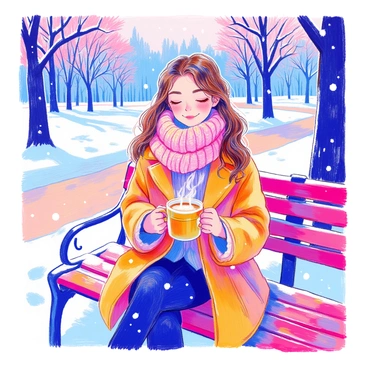 A girl with long brown hair is wrapped in a stylish oversized coat and a thick knitted scarf. She is sitting on a wooden bench in a snowy park. In her hands, she holds a ceramic mug filled with hot cocoa, steam rising from the cup. Snowflakes gently fall around her, settling on the coat and scarf. The park is dotted with snow-covered trees and a path lined with white powder, creating a tranquil winter scene.