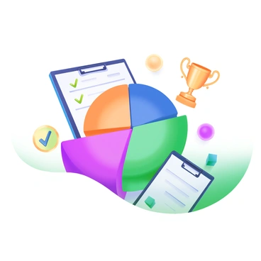 A modern pastel illustration featuring a colorful pie chart divided into sections, each representing different quotas achieved in a project. Each section of the pie chart is labeled with distinct colors, such as orange, blue, green, and purple. Surrounding the pie chart are small icons, including a check mark, a trophy, and a clipboard, symbolizing success and project management. The background is light and soft, enhancing the visibility of the pie chart.
