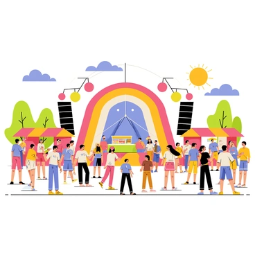 A lively outdoor summer concert taking place in Caen. The scene features a vibrant stage adorned with colorful lights and musical instruments. In front of the stage, a diverse audience is gathered, including people of various ages and backgrounds, some dancing and others enjoying the music. The atmosphere is filled with excitement, and the sky is clear with a warm sun shining down. Food stalls are visible in the background, adding to the festive environment.