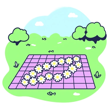 A daisy chain made of butter daisies is elegantly arranged on a checkered picnic blanket. The blanket is spread out on a grassy patch in a park. Surrounding the blanket, there are patches of green grass and a few trees in the distance. Sunlight casts soft shadows on the blanket, highlighting the yellow and white petals of the butter daisies. In the background, a clear blue sky can be seen above the trees, adding to the peaceful setting.