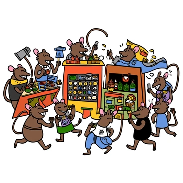 A bustling marketplace populated by various skaven, which are humanoid ratmen with fur-covered bodies and long tails. The skaven are engaged in lively trade, showcasing an assortment of goods and gadgets, including small trinkets, tools, and food items. The marketplace is filled with colorful stalls, each displaying unique wares. Some skaven are animatedly haggling over prices, while others are inspecting the items closely. The setting is lively, with skaven moving in different directions, contributing to a sense of activity and commerce.