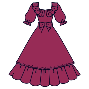 A Victorian-era dress with a fitted bodice and a flared skirt. The dress is made from rich, deep burgundy fabric and features elaborate ruffles cascading down the sleeves and around the hem. Delicate lace details adorn the neckline and the edges of the ruffles. The waist is cinched with a matching ribbon that ties into a bow at the back. The overall silhouette is elegant and classic, embodying the fashion of that period.