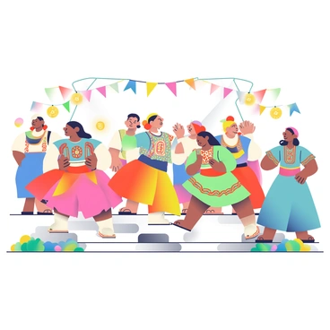 A group of dancers wearing vibrant traditional costumes is performing on a stage at a lively cultural festival. Each dancer's costume features bold patterns and bright colors, with intricate embroidery. The dancers are moving in sync, showcasing dynamic poses and expressive gestures. Colorful decorations, such as banners and lanterns, are visible in the background, adding to the festive atmosphere. Spectators are gathered around the stage, some clapping along to the rhythm of the performance. The ground is adorned with colorful floral arrangements, enhancing the celebratory mood of the event.