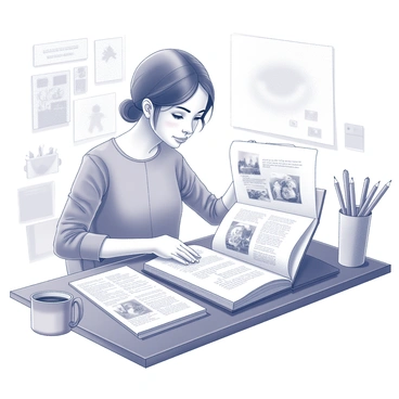 An illustrator is seated at a wooden desk, flipping through a published book. The book lies open, showcasing pages filled with intricate illustrations and accompanying text. The illustrator has a look of concentration as they examine their work. Surrounding the desk are various art supplies, including sketchbooks, pencils, and a coffee cup. A soft light illuminates the scene, highlighting the details of the drawn images and text within the book. The room is filled with inspiration, with sketches pinned to the walls and a few plants in the background.