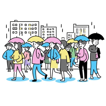 A busy city street, filled with people walking under "colorful umbrellas". Rain is falling, creating a shimmering effect on the "wet pavement". The ground reflects the various colors of the umbrellas, adding to the vibrant atmosphere. In the background, there are "tall buildings" with illuminated windows, further enhancing the lively scene. Some pedestrians are wearing "raincoats", while others have "waterproof boots", emphasizing the rainy day setting.