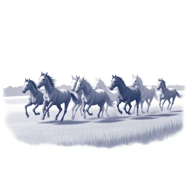 A herd of wild horses galloping across a vast open field. The horses have varying shades of brown, black, and white coats, with manes flowing behind them as they run. Their hooves kick up dust from the ground, creating a dynamic scene of movement and energy. The field is expansive, with tall grass swaying in the wind, providing a natural backdrop to the powerful display of the horses. In the distance, a tree line forms a boundary, contrasting with the clear sky above.