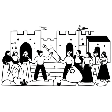 A woman dressed in traditional medieval attire stands in a stone courtyard, surrounded by towering walls and simple wooden structures. She holds a scroll in one hand, unfurling it as she gestures towards two groups of individuals facing each other. Each faction is represented by a diverse array of men and women adorned in distinct garments that symbolize their respective sides. In the background, flags or banners representing each faction hang from the walls, fluttering gently in the breeze. The cobblestone ground is uneven, and some scattered foliage adds a touch of nature to the scene.