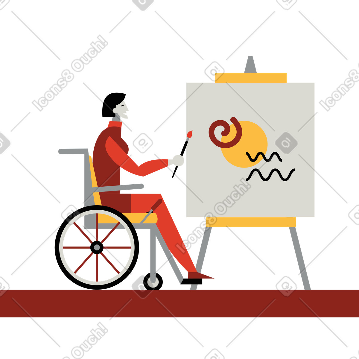 Wheelchair user painting on canvas illustration in Burgundy style download in PNG, SVG