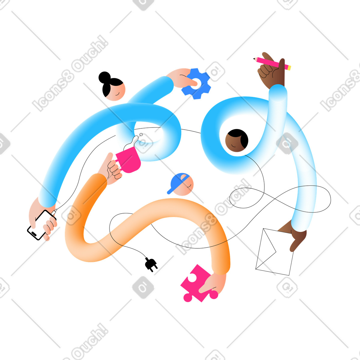 Knotty 스타일의 Workplace cooperation and communication, Brainstorming or problem solving 일러스트레이션 PNG, SVG 다운로드