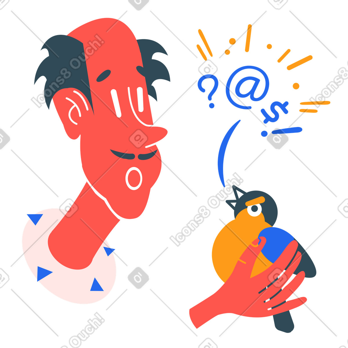 Überraschter mann hält einen fluchenden vogel-Illustration im Kingdom-Stil als Download in PNG, SVG