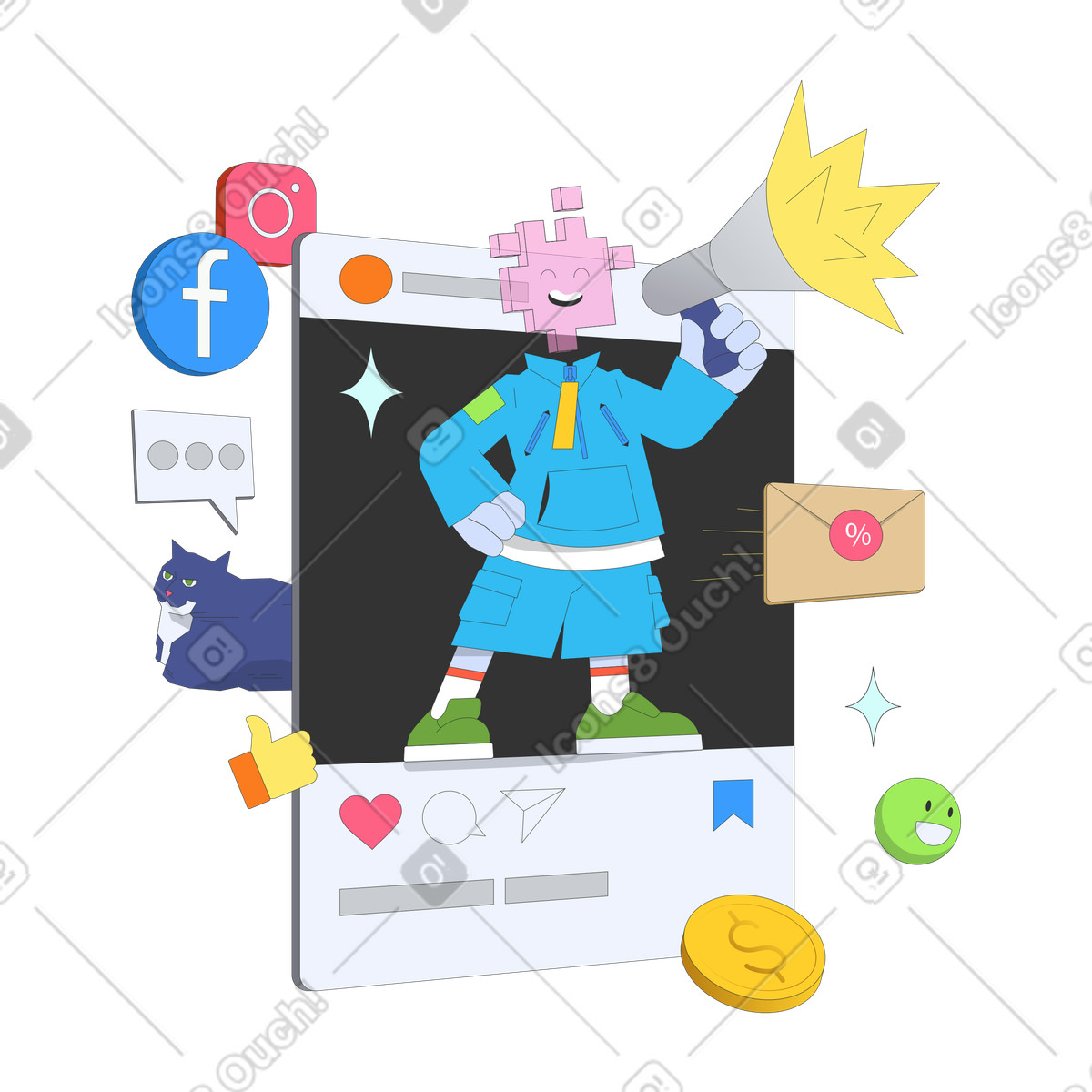 Digital influencer with megaphone on social media feed, marketing and online advertising illustration in Kit style download in PNG, SVG