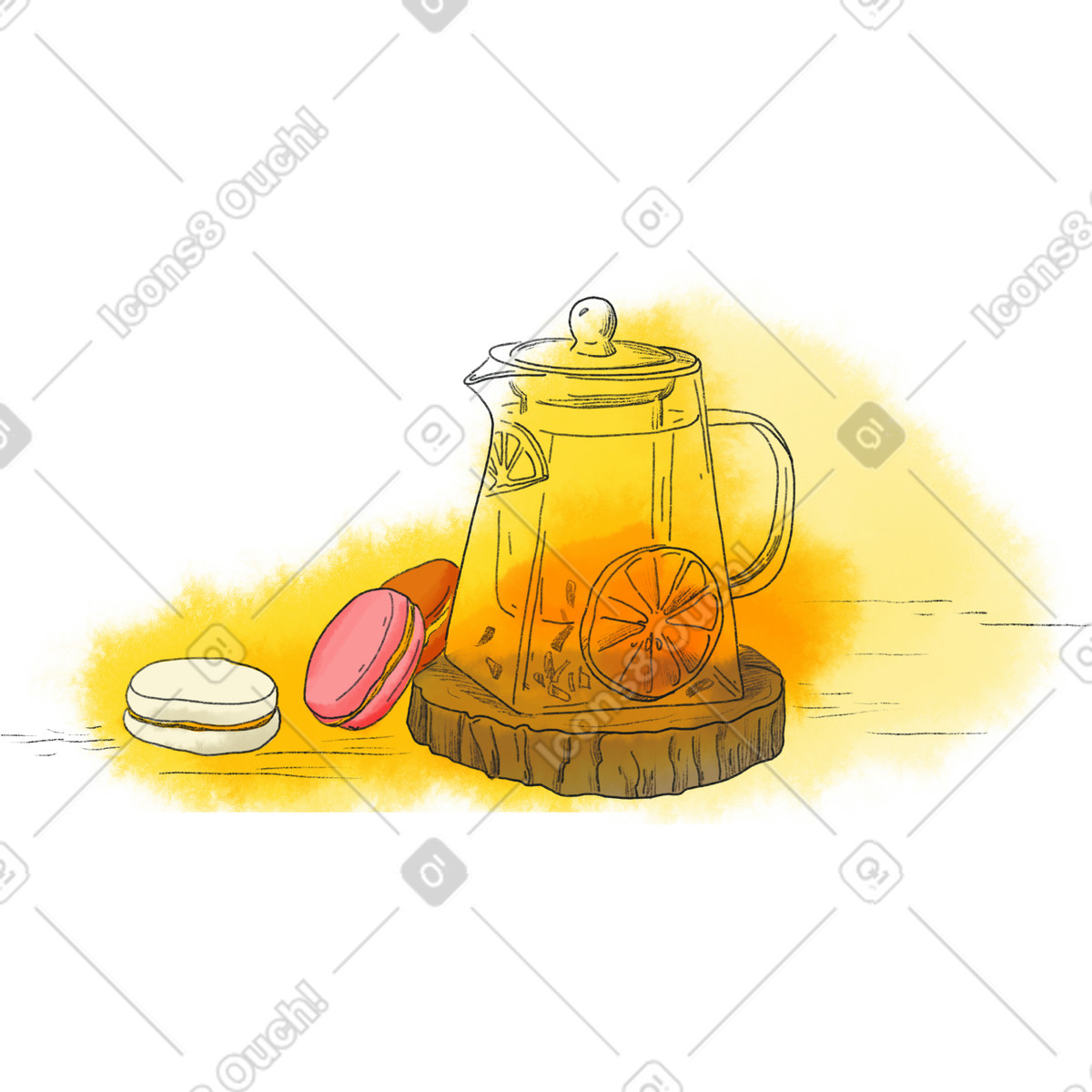 Illustration Glass teapot and three macaroons are lying next to it dans le style Moments à télécharger aux formats PNG, SVG