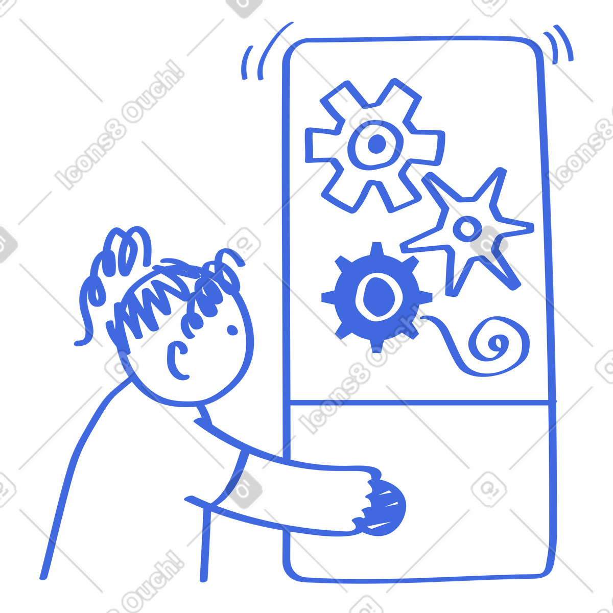 Ilustração de Automation character turning knob on machine with moving gear wheels em no estilo Ballpoint Pen para baixar em PNG, SVG