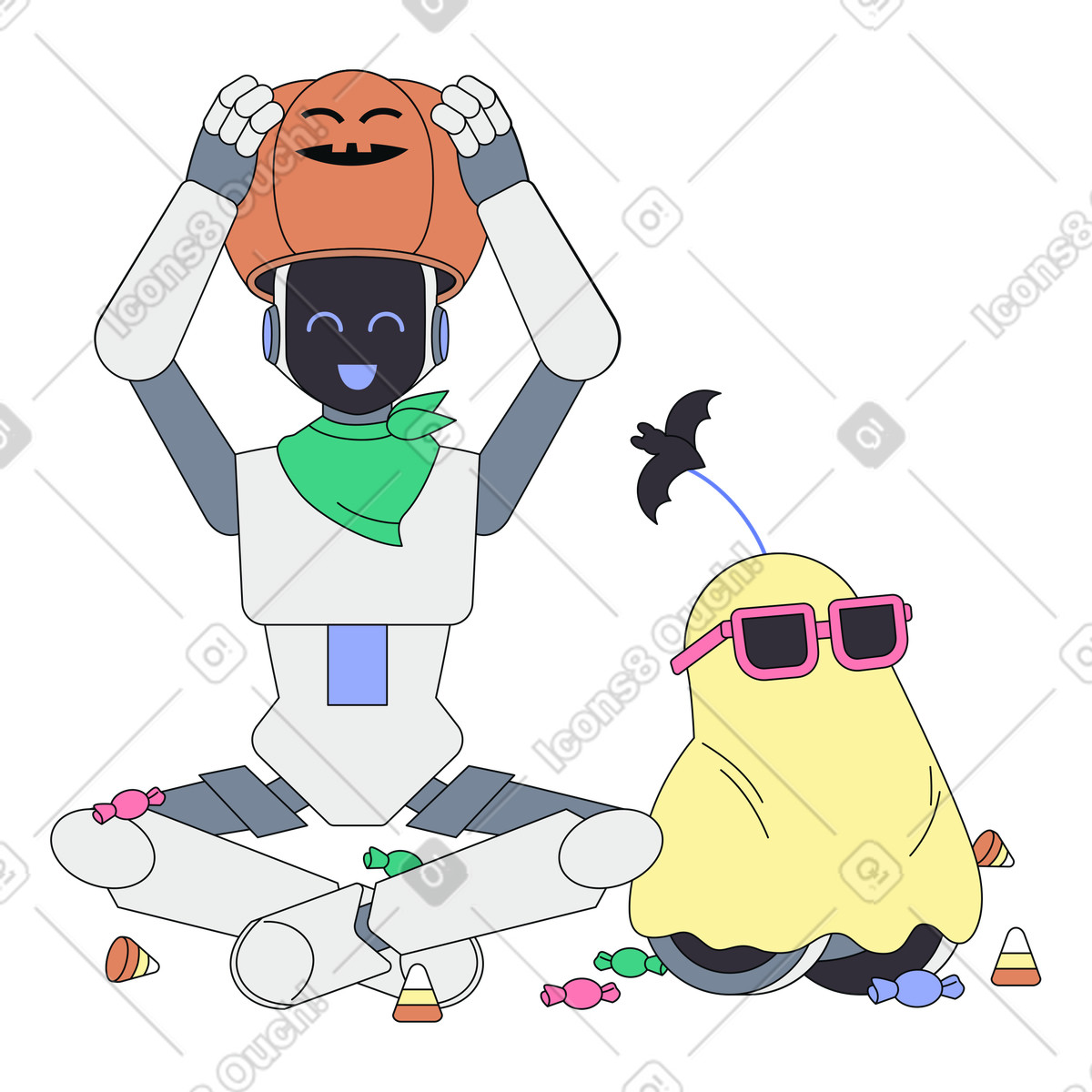 AI agents in halloween mode, Humanoid and assistant bots in festive spirit illustration in Teko style download in PNG, SVG