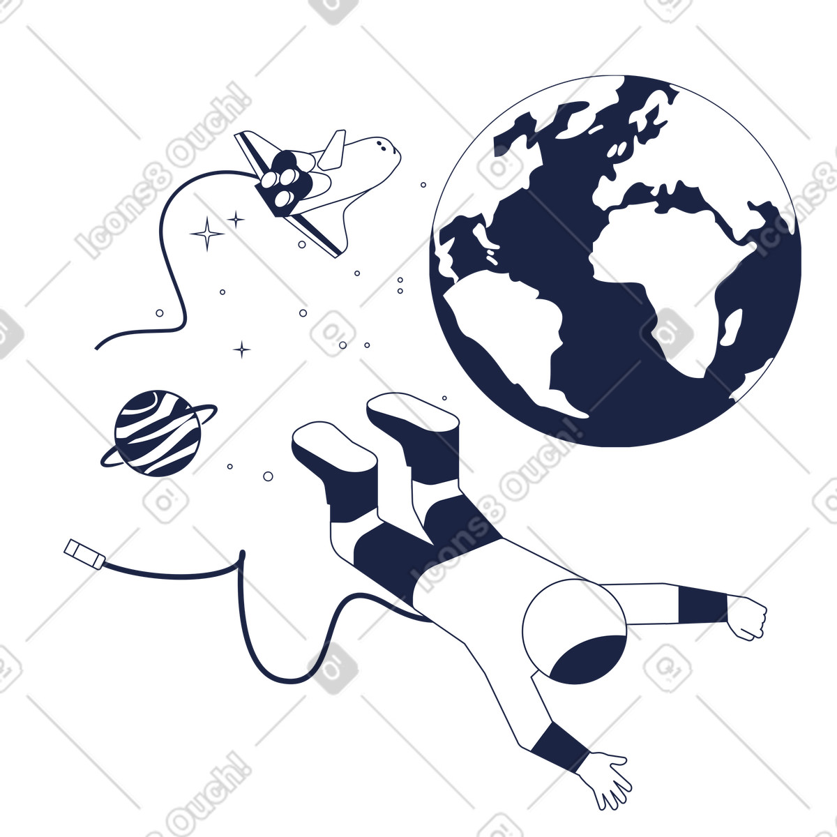 Urban Line スタイルの Cosmonaut lost in outer space with broken cable, Disconnection or technology breakdown のイラストをPNG、SVG形式でダウンロード