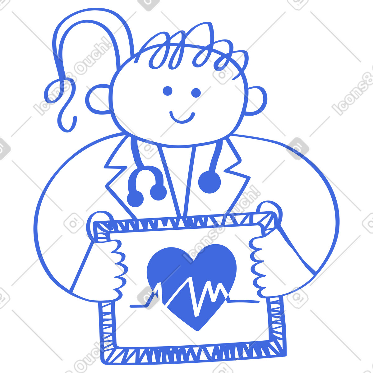 Ballpoint Pen スタイルの Healthcare professional displaying heartbeat screen for cardiology medical checkup のイラストをPNG、SVG形式でダウンロード