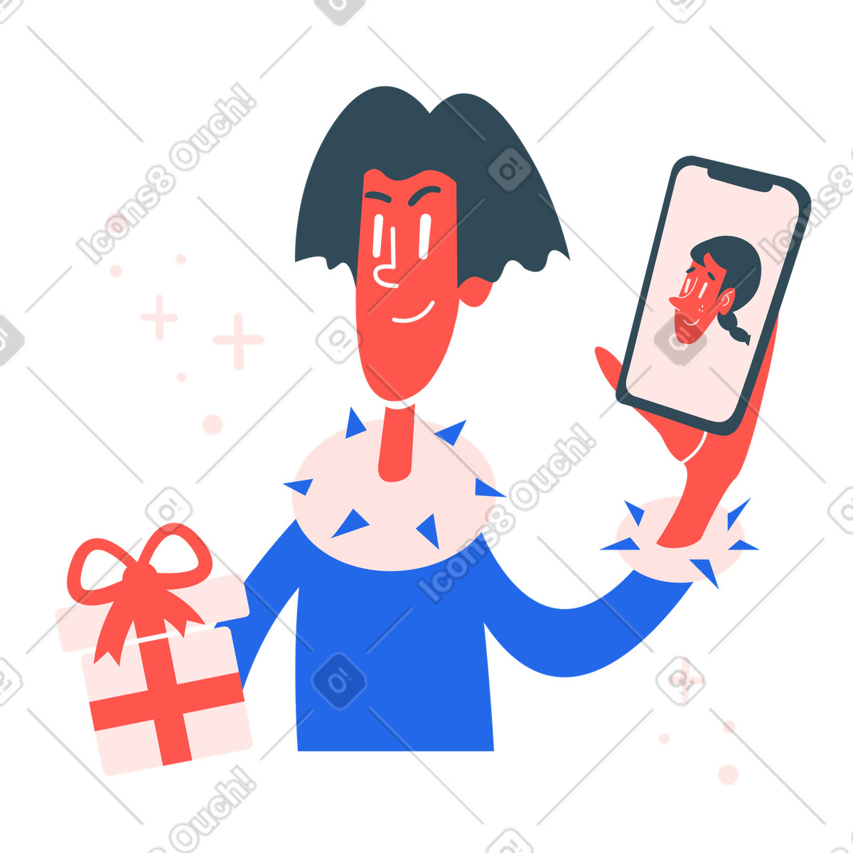 下载 Kingdom 风格的 男子通过视频通话向女友展示礼物 插画，支持 PNG、SVG 格式