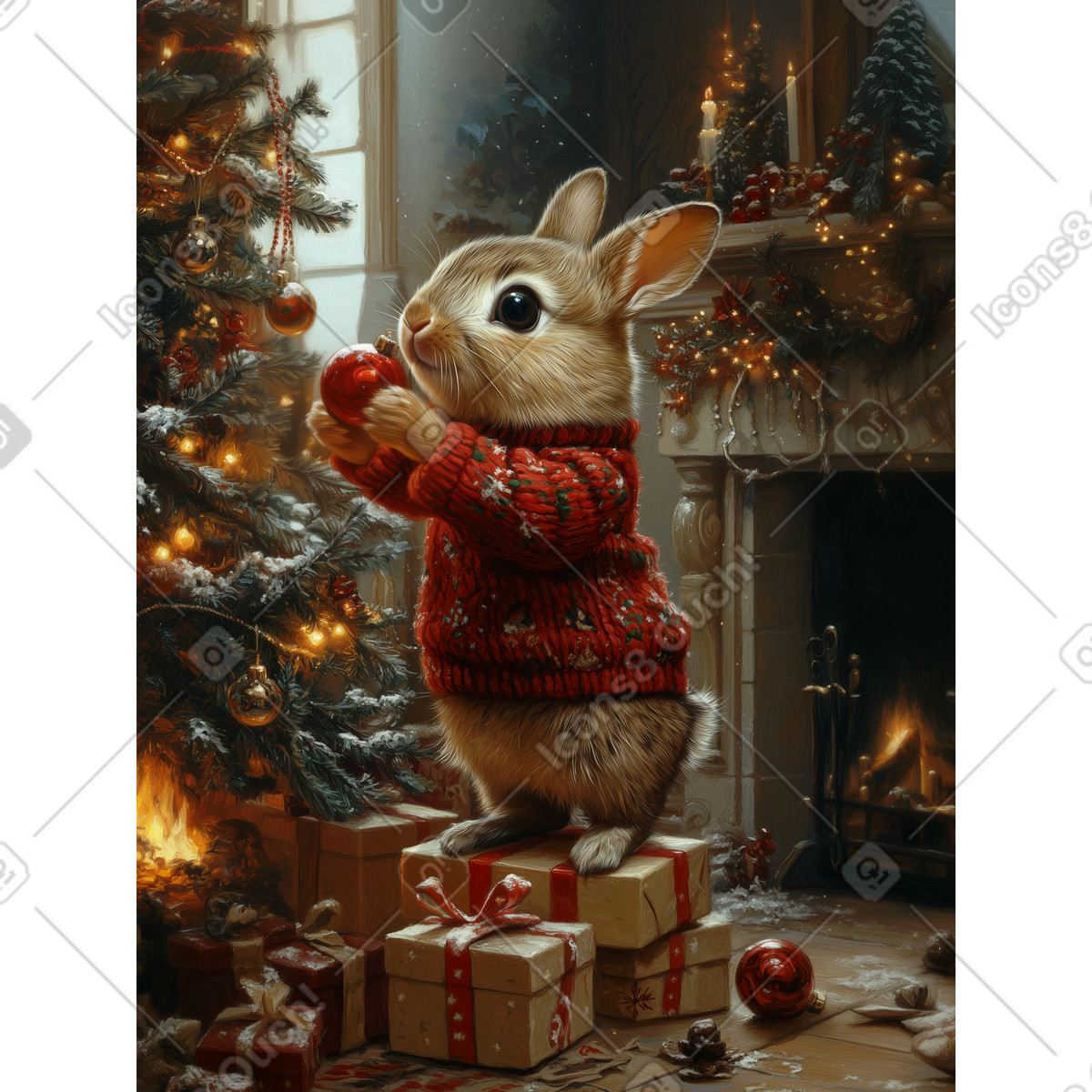 Postcard with rabbit decorating Christmas tree illustration in Postcards style download in PNG, SVG
