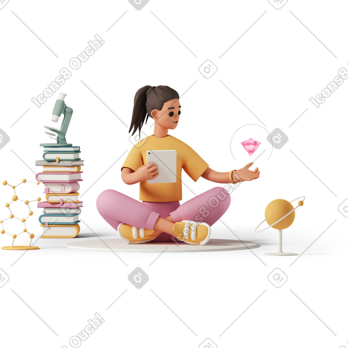 Young woman studying magical pink gemstone illustration in 3D Casual life style download in PNG, SVG