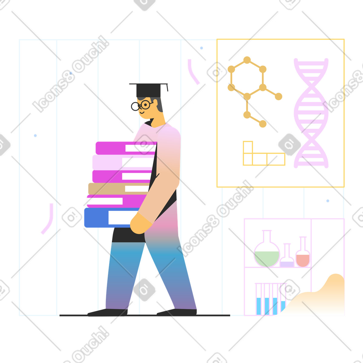 Diligent learner with chemistry textbooks illustration in Marginalia style download in PNG, SVG
